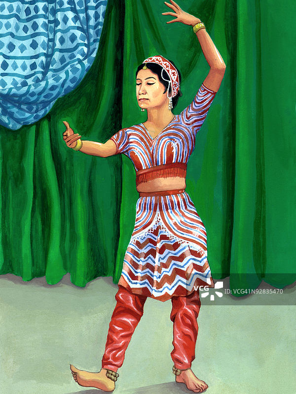 穿着印度传统服装的女性在舞台上跳舞图片素材
