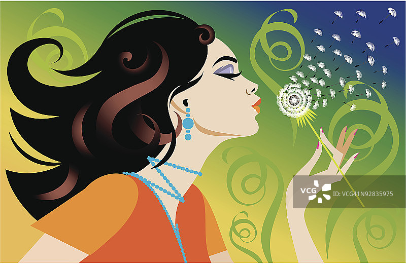 快乐的女人吹着蒲公英种子图片素材