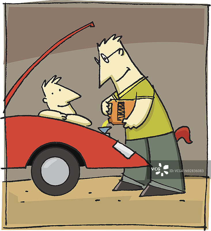 父子向汽车中加机油图片素材