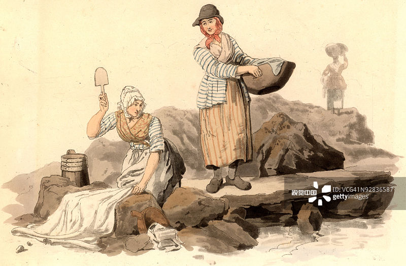 1808年，威尔士洗衣女工在小溪中洗衣服图片素材