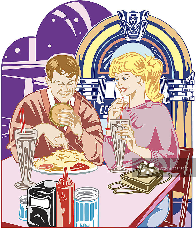 在20世纪50年代餐馆约会的青少年图片素材