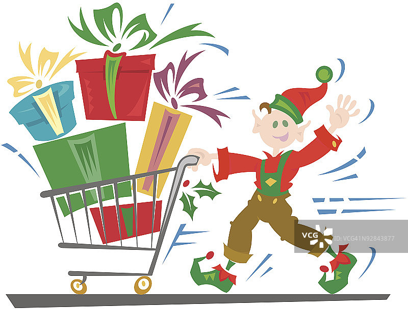 精灵推着购物车挥手图片素材