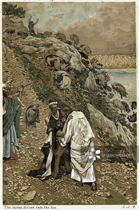 耶稣驱赶跪地男人身上的恶魔，猪群从悬崖坠落图片素材
