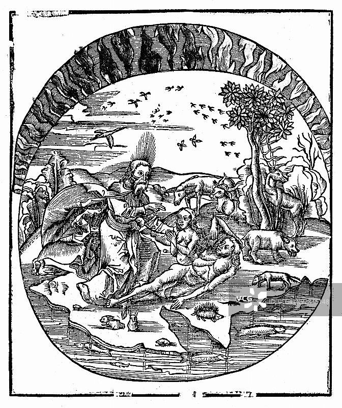 木刻版画：上帝创造夏娃图片素材