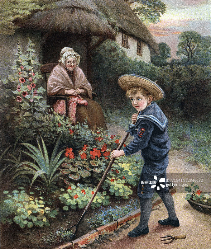 孙子在为奶奶锄地图片素材