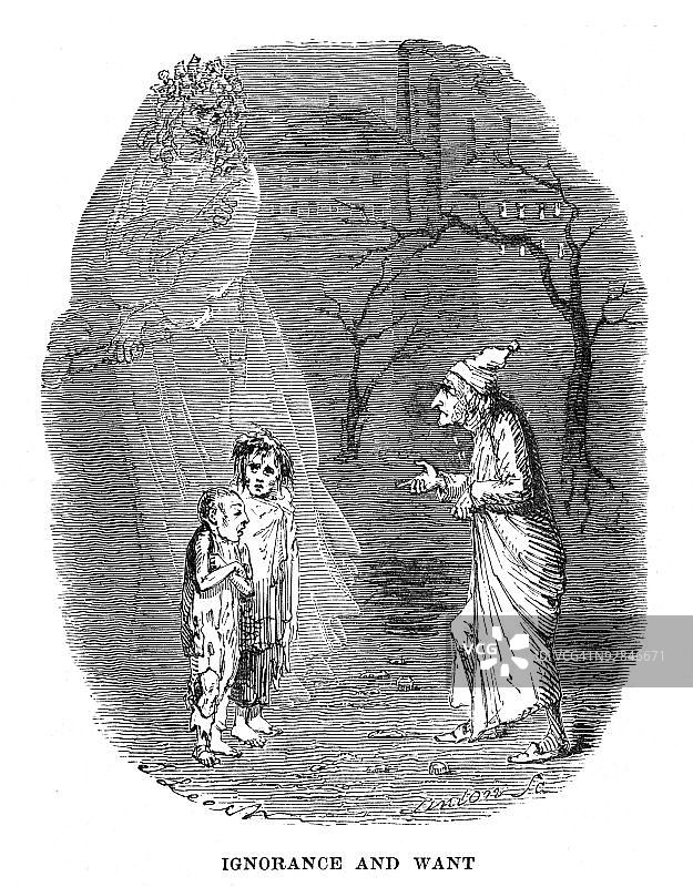 幽灵向斯克罗吉展示无知和贫困图片素材