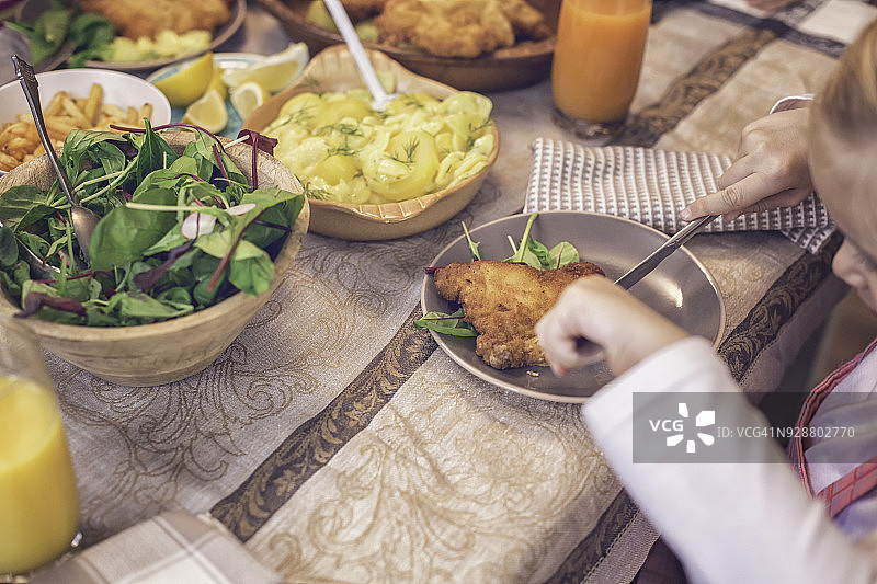 吃维也纳炸肉排配土豆和绿色沙拉图片素材