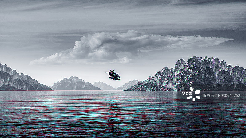 运输宇宙飞船降落在外星岩石岛屿之间图片素材