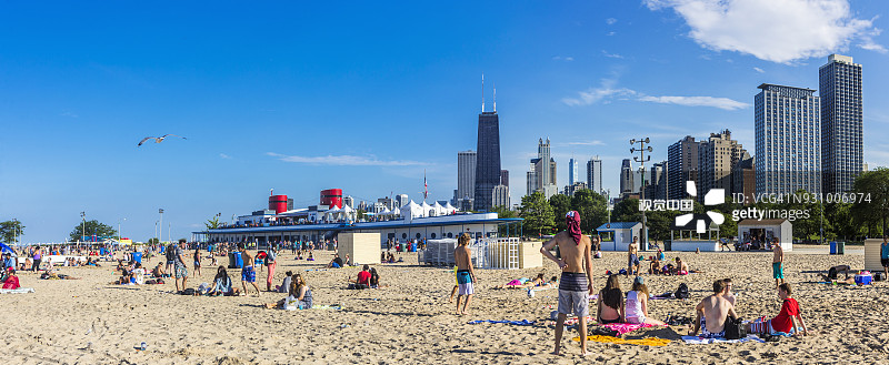 密歇根湖上的林肯公园、北大道海滩和约翰·汉考克中心图片素材