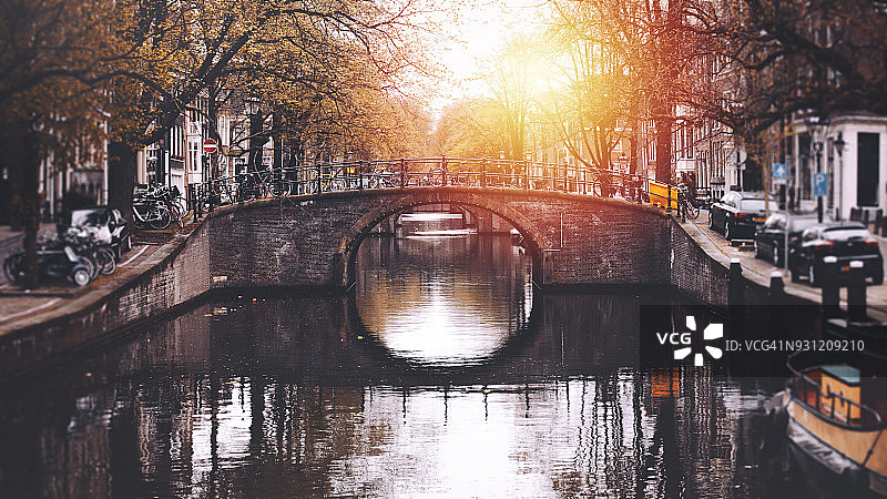 荷兰阿姆斯特丹的运河和桥梁城市景观图片素材