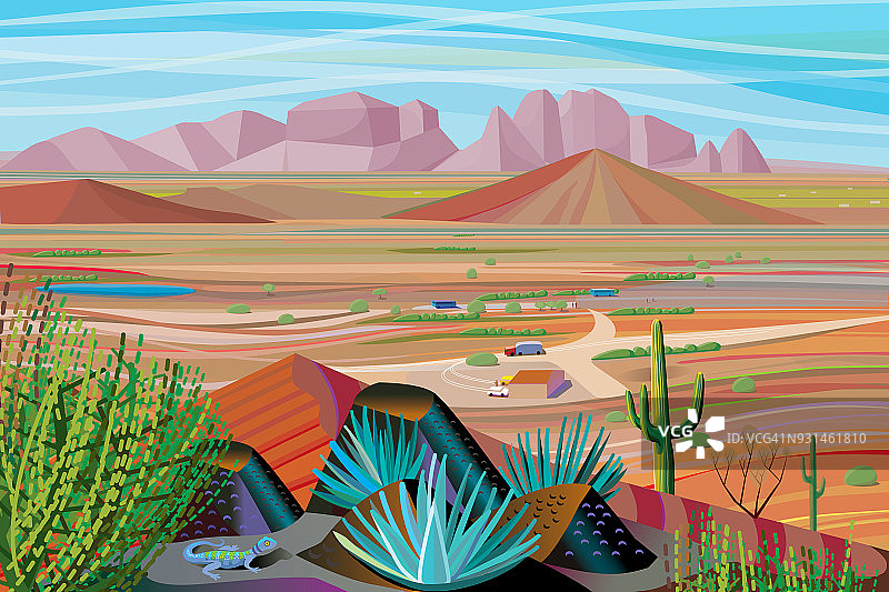 从仙人掌山顶眺望索诺拉沙漠景观，远处是山谷和群山图片素材