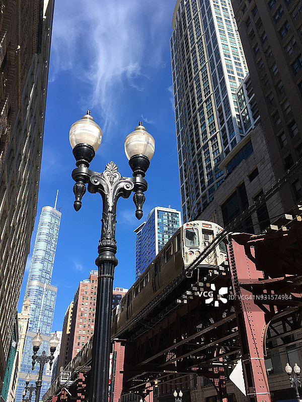 芝加哥市中心高架列车与摩天大楼的狭窄视角图片素材