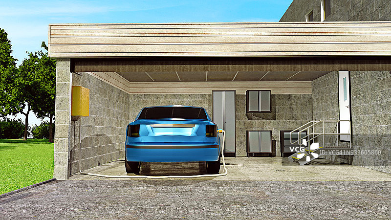 电动汽车在家中车库连接到充电站图片素材
