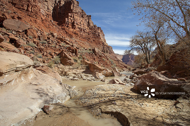 河流流经偏远红色岩石沙漠峡谷的壮丽景色图片素材