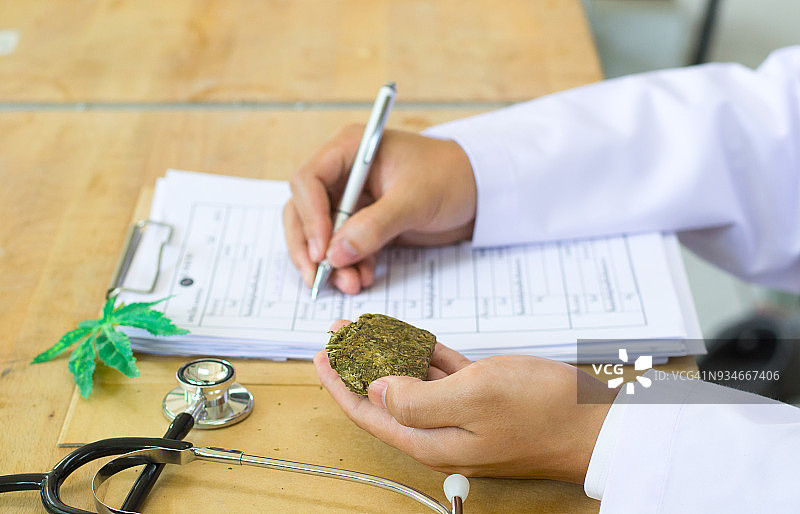 医生手持并向患者提供罐装医用大麻：个人用大麻处方，合法轻型药物处方，替代疗法或药物，民间药物概念图片素材