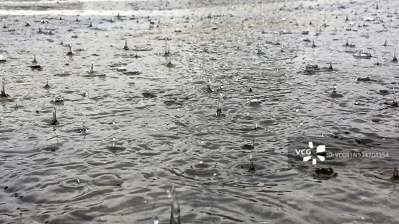 暴雨中水坑溅起雨滴的特写图片素材