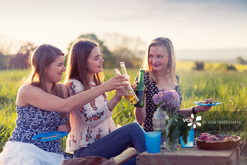 朋友们在夏季烧烤时举啤酒瓶碰杯图片素材