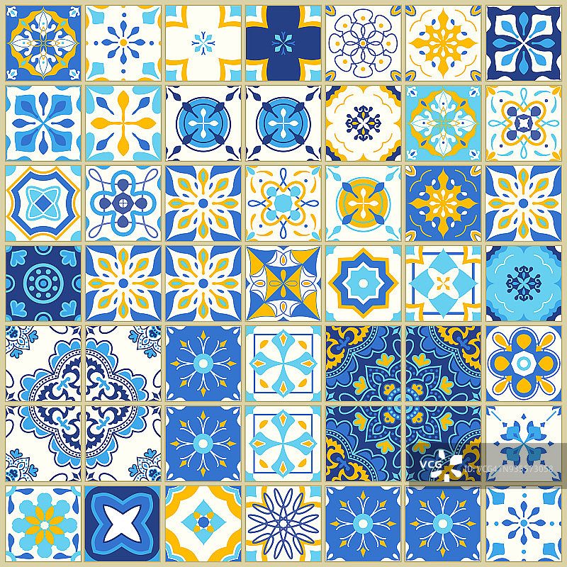 葡萄牙瓷砖无缝图案，白色背景上的Azulejo矢量插画，地中海风格，蓝黄色设计图片素材