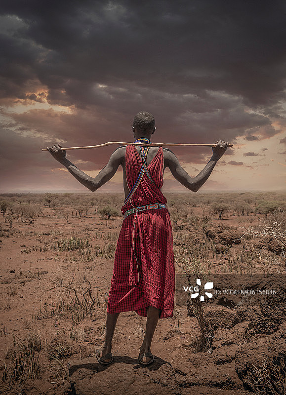 马赛男人身着传统服饰在安博塞利裂谷的稀树草原上观看暴风雨云图片素材