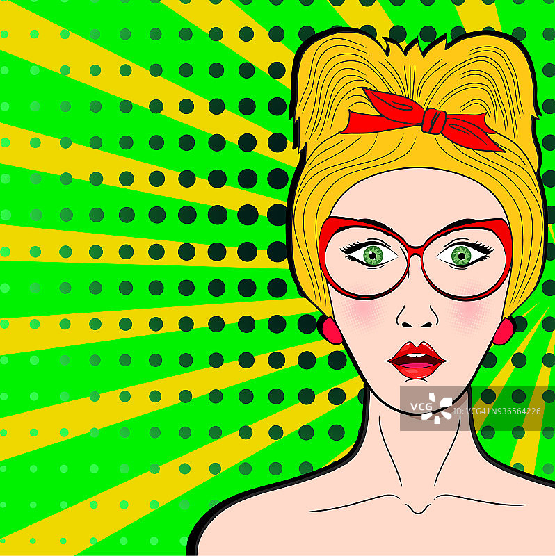 惊讶的年轻女人张着嘴，金色的头发，戴着红色眼镜图片素材