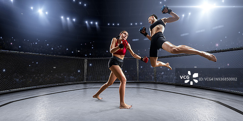 职业拳击擂台上的女子综合格斗选手图片素材
