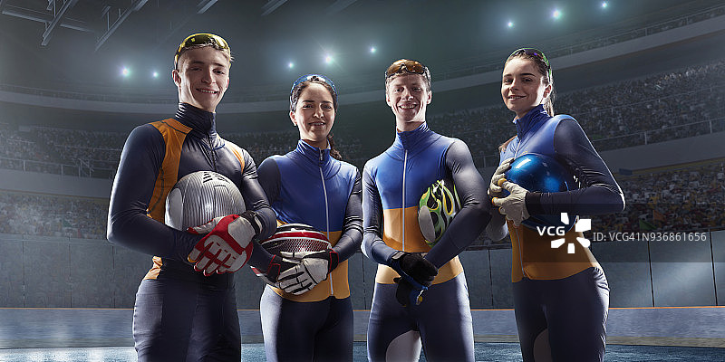 专业冰上竞技场中的短道速滑队图片素材