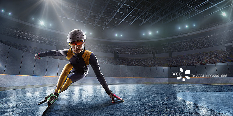 男子短道速滑运动员在专业冰场滑冰图片素材