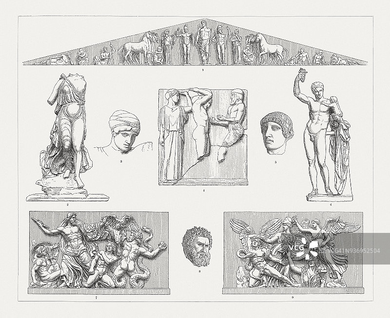 希腊雕塑艺术（奥林匹亚和佩加蒙），1897年出版的木刻版画图片素材