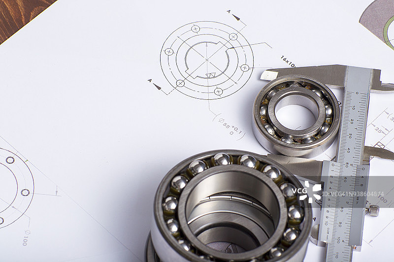 轴承、卡尺和机械图图片素材