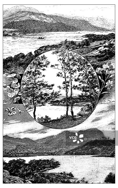 英格兰、苏格兰和爱尔兰古代插画：Ullswater湖和Coniston湖图片素材