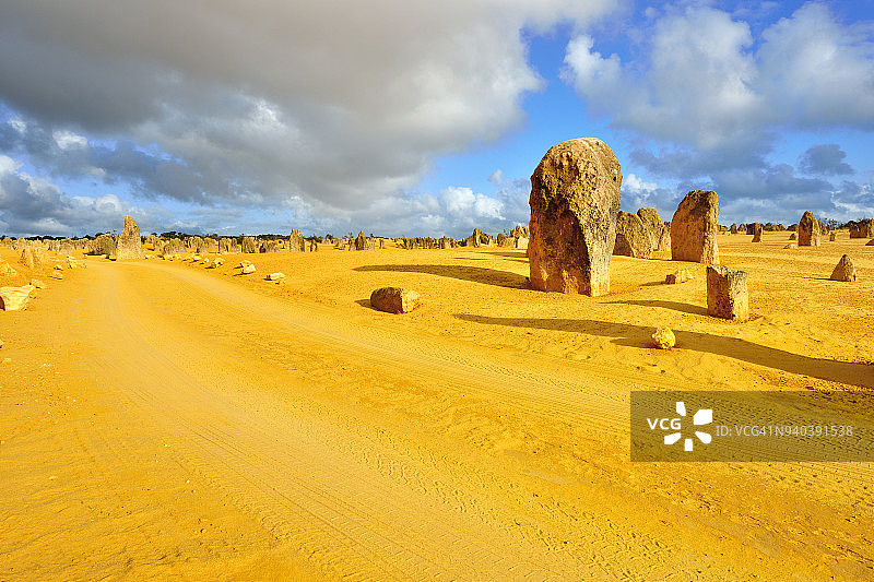 尖峰石阵沙漠的道路和汽车轮胎痕迹，西澳大利亚图片素材