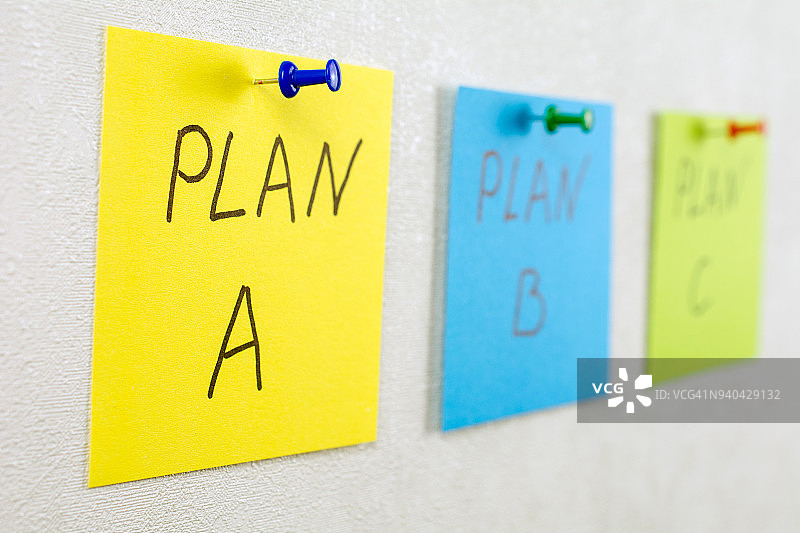 在白色墙壁上用彩色图钉固定的计划A、计划B、计划C便签图片素材