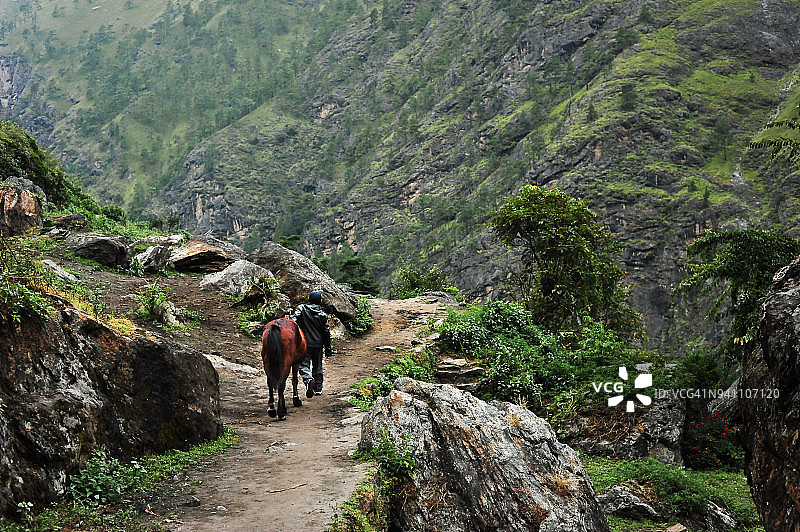 男人和他的马，尼泊尔宗姆山谷图片素材