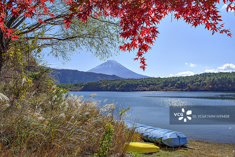 西湖秋日富士山与红枫叶图片素材