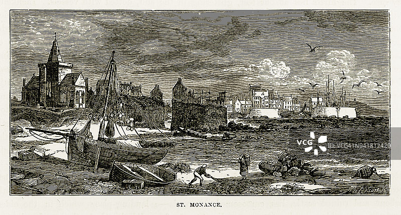 苏格兰圣安德鲁斯圣莫南斯教堂，1840年维多利亚时代雕刻图片素材