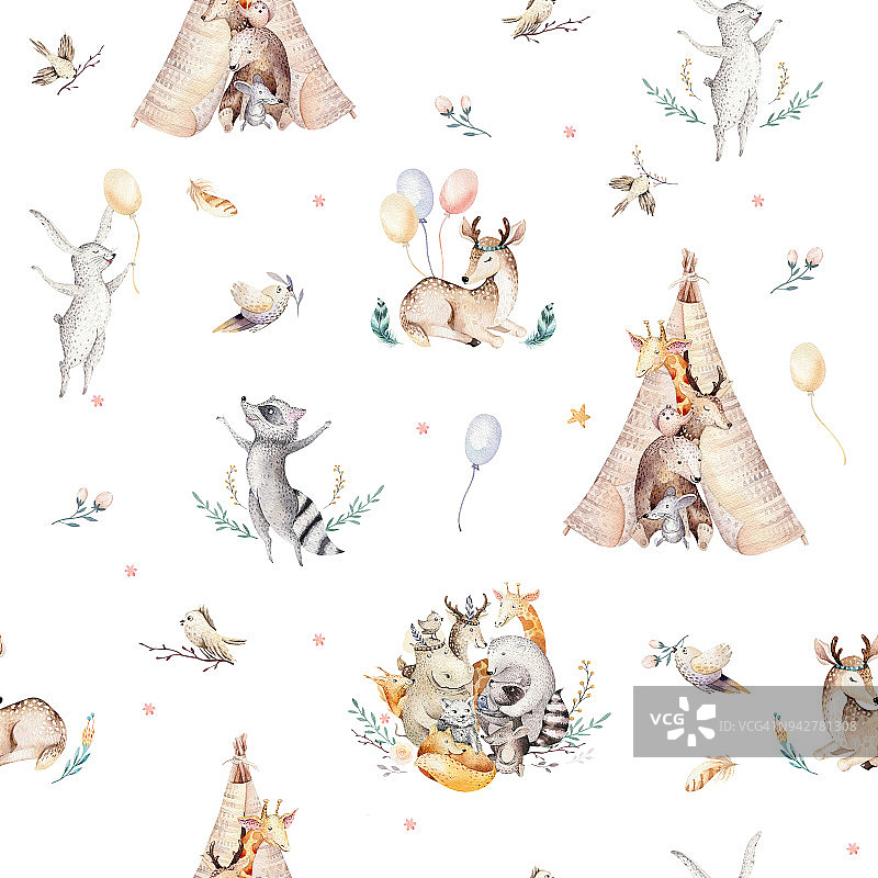 可爱的浣熊、小鹿和兔子一家动物，长颈鹿和小熊水彩波西米亚风儿童房无缝图案，儿童背景图片素材