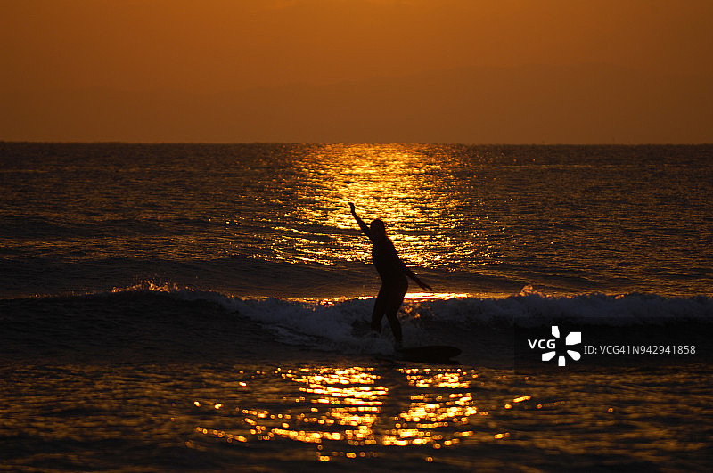 日本相模湾，夕阳下的冲浪者图片素材