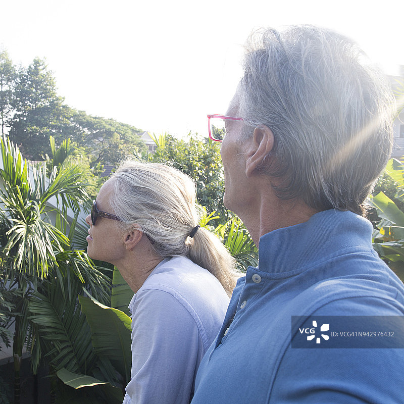 男人和女人在阳台上欣赏丛林景色图片素材