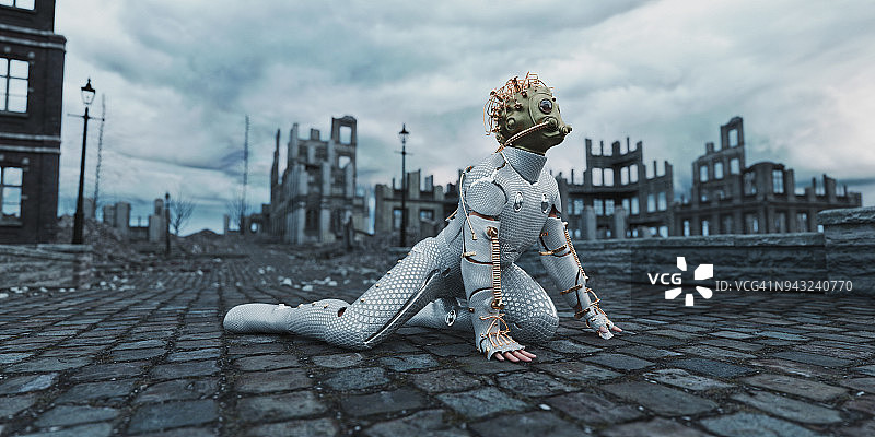 身穿未来主义防护服的女子站在被摧毁的城市中图片素材