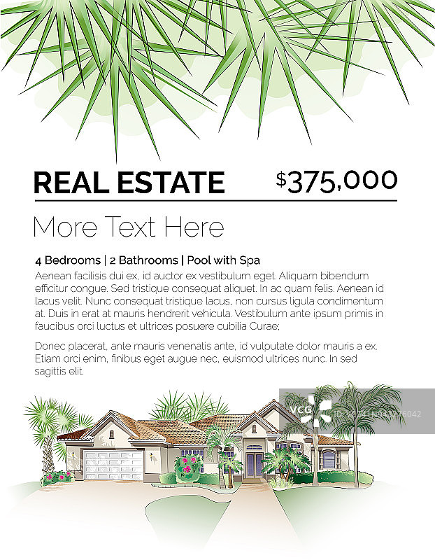 具有南方风格房屋、棕榈树和茂盛树叶的热带房地产设计模板图片素材