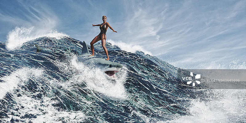 女人在波涛汹涌的海面上骑着大白鲨冲浪图片素材