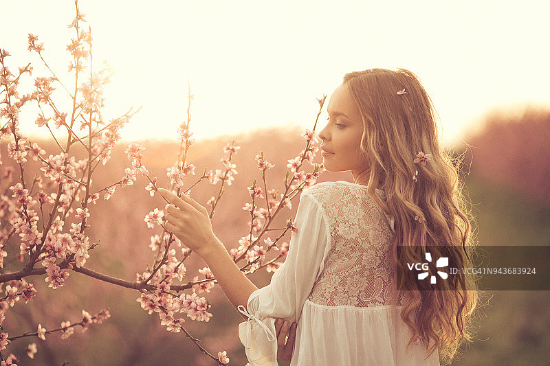 在春天手持樱花的年轻女子图片素材