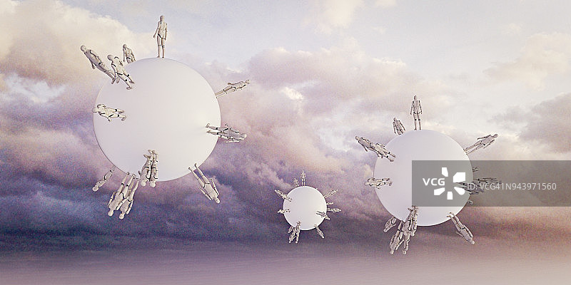 漂浮在多云天空中的白色机器人迷你星球图片素材