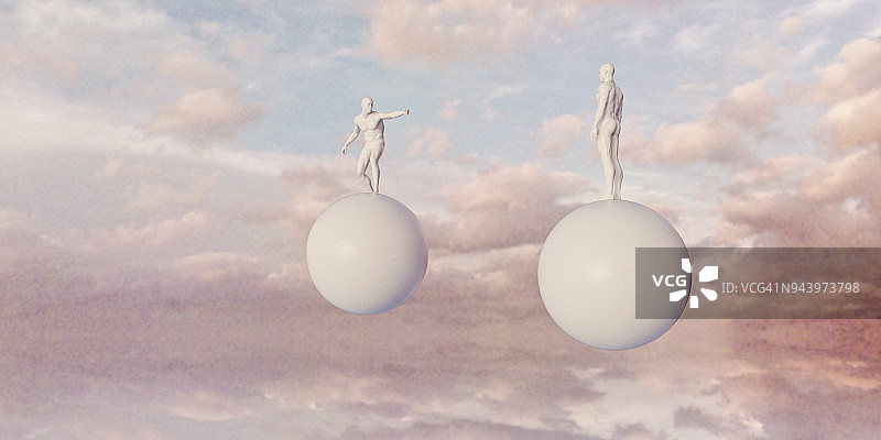 在漂浮球体上指向另一个球体的男人，在超现实多云景观中呈现白色图片素材