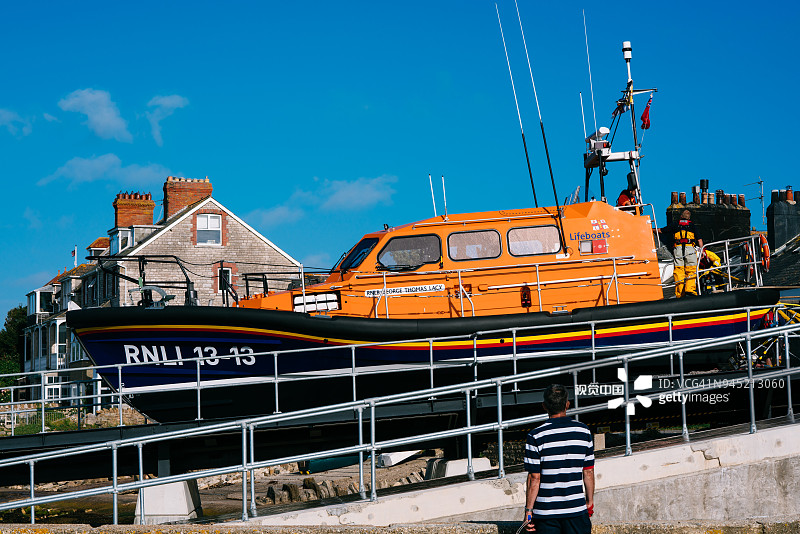 英国斯瓦尼奇的英国皇家救生艇协会救生艇图片素材