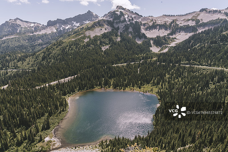 雪山森林环绕的提普索湖航拍图片素材