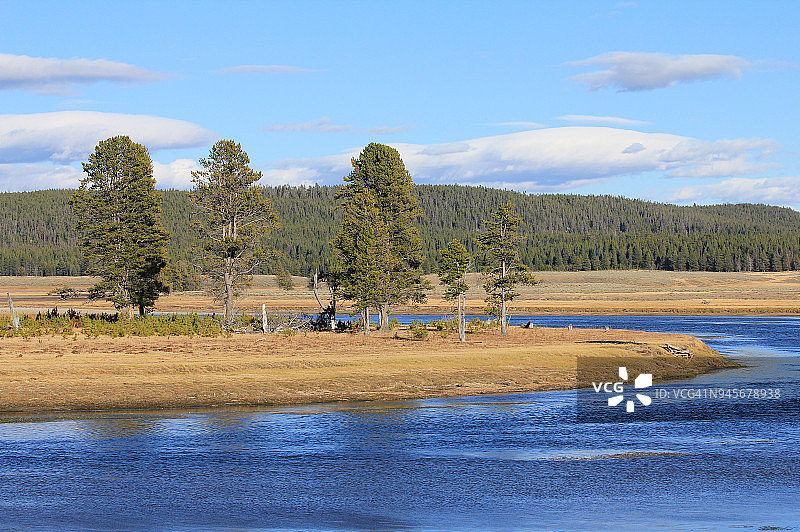 黄石国家公园拉马尔河谷的碧水环绕小岛图片素材