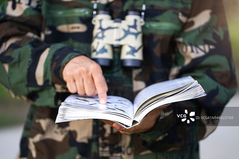 观鸟者正在进行观鸟，以区分鸟类品种图片素材