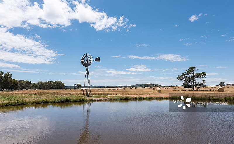 湖边的传统风车，澳大利亚乡村田野里有金色干草捆图片素材