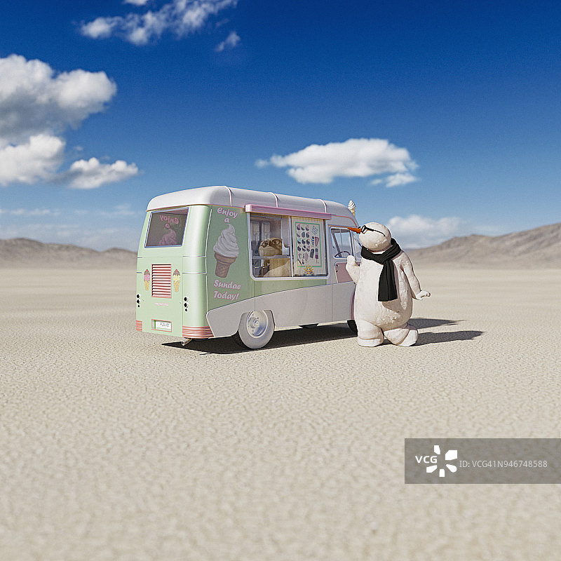 沙漠中走向冰淇淋车的雪人图片素材